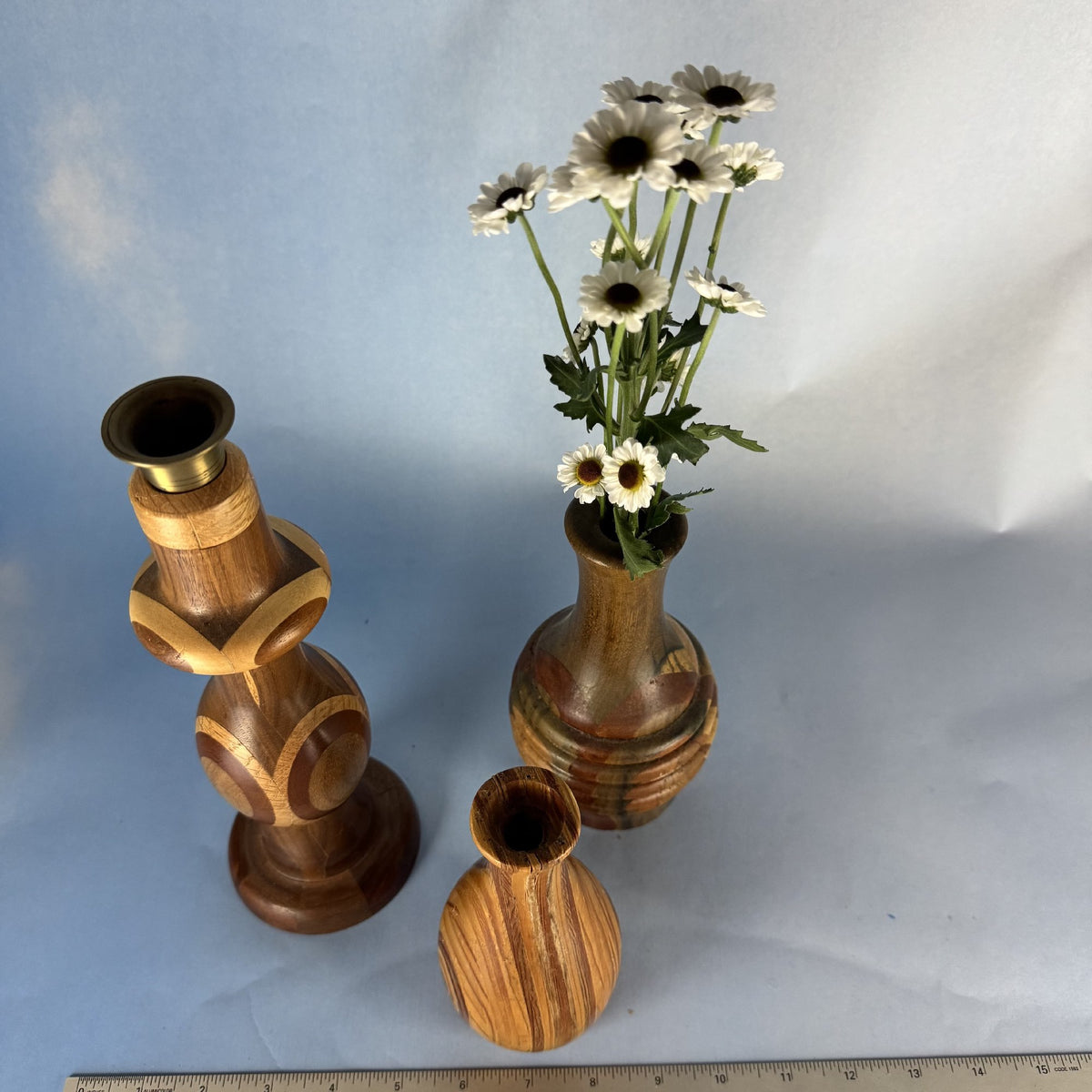 Trio of Hand-Turned Vases and Candlestick