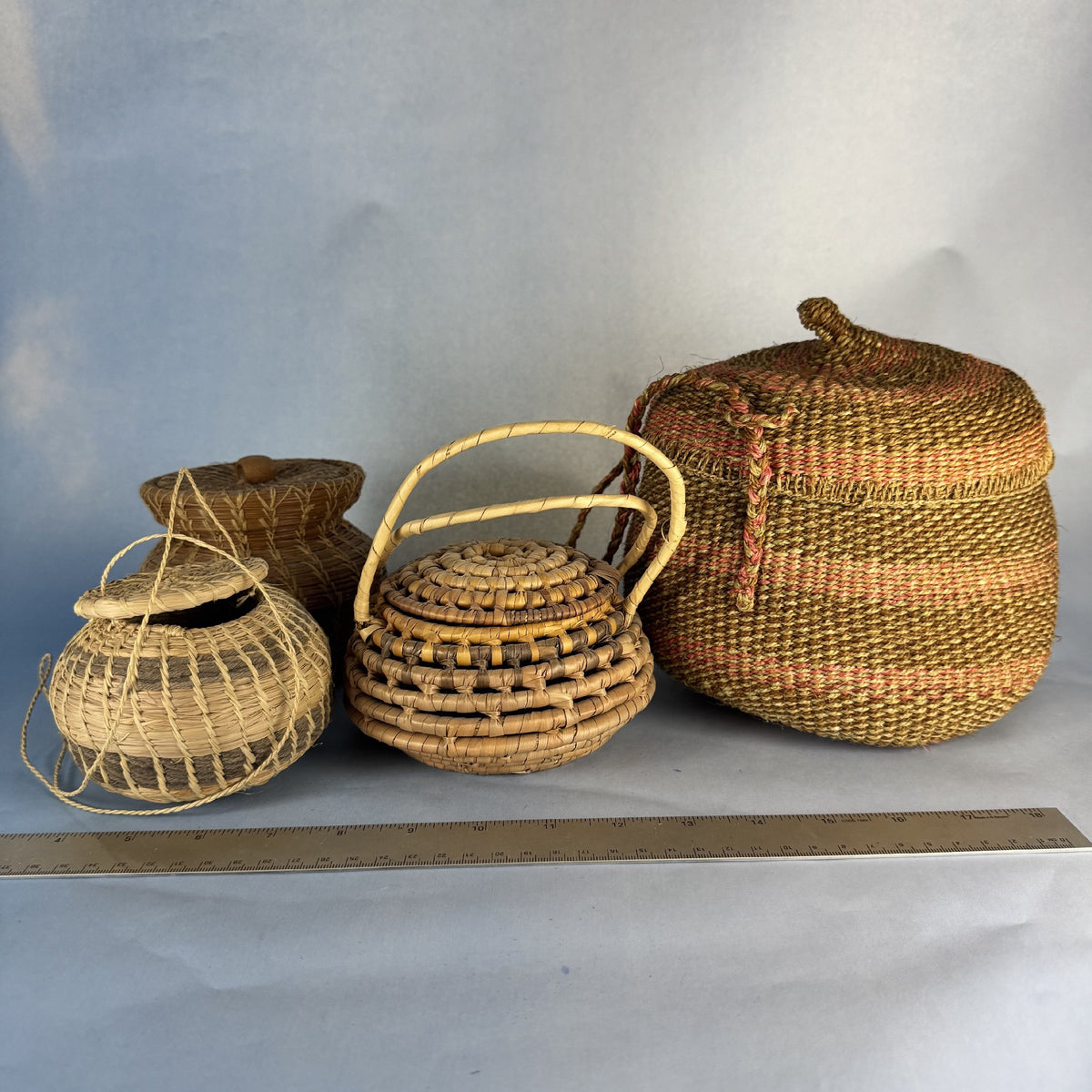 Four Lidded, Woven Baskets
