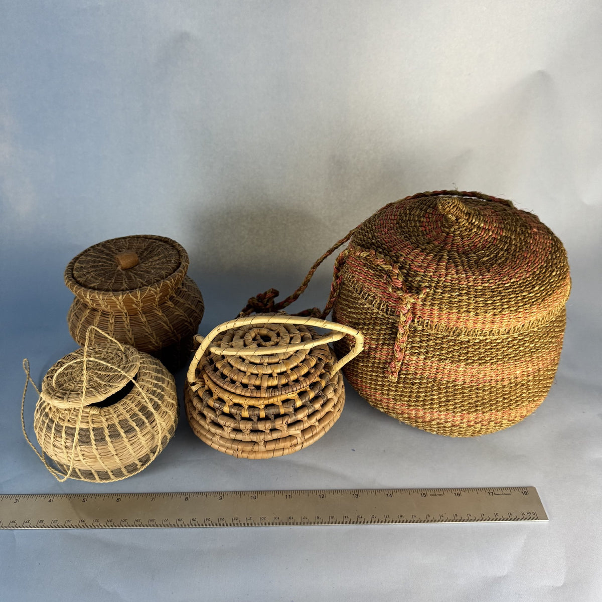 Four Lidded, Woven Baskets