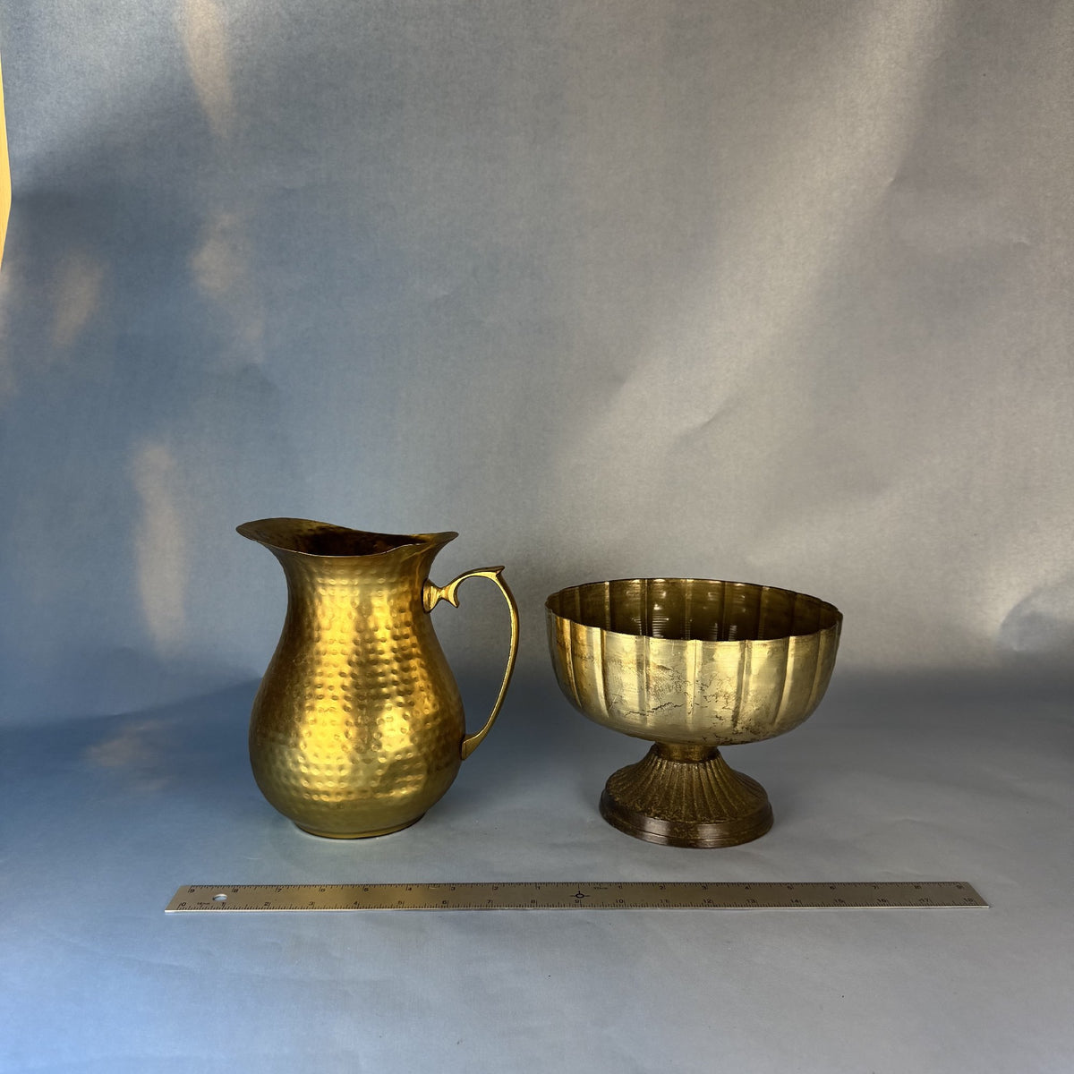 Hammered Brass Pitcher and Pedestal Bowl