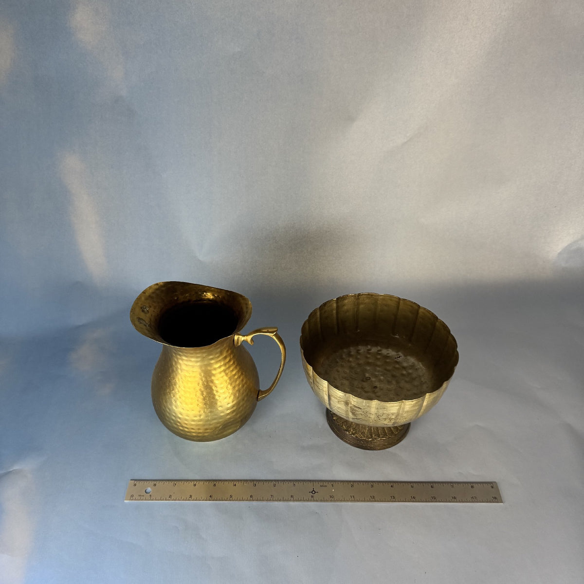 Hammered Brass Pitcher and Pedestal Bowl