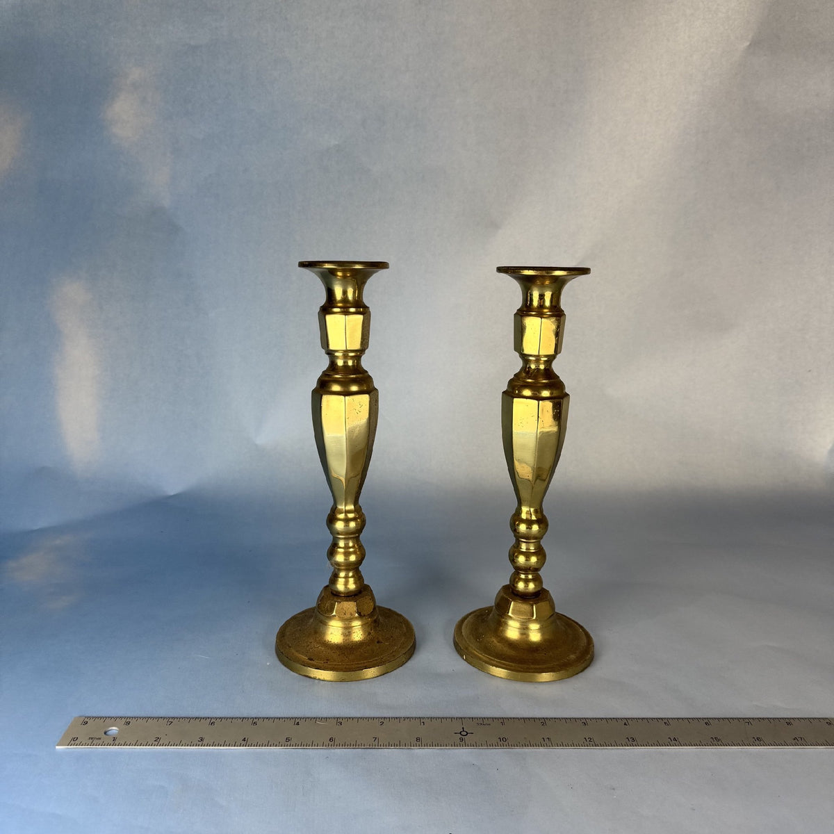 Pair of Tall Shiny Brass Vintage Candlesticks