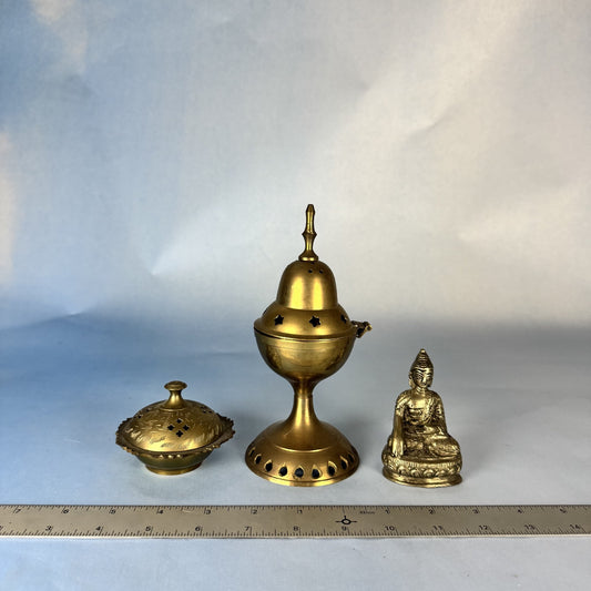 Pair of Brass Incense Burners and Companion Buddha Figurine