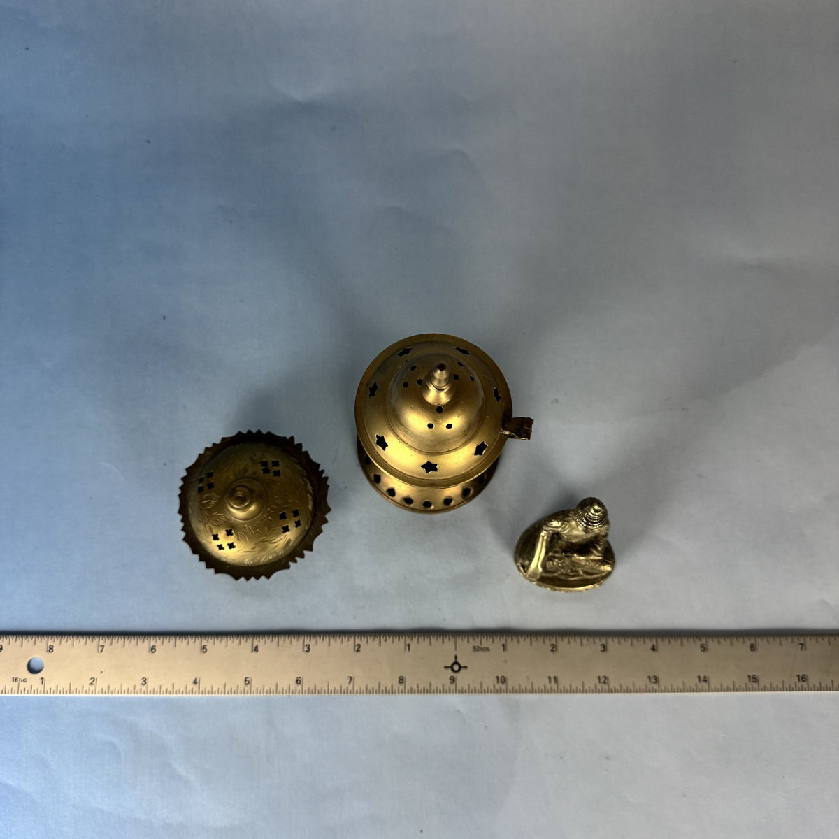 Pair of Brass Incense Burners and Companion Buddha Figurine