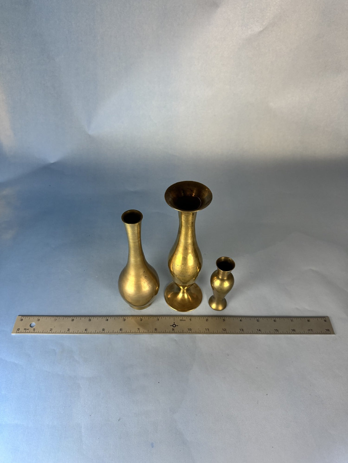 Trio of Polished Brass Bud Vases