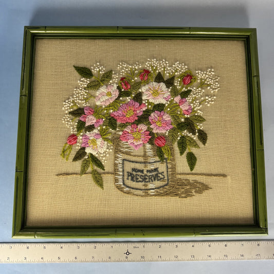Green-Framed Floral Crewel-work Wall Hanging