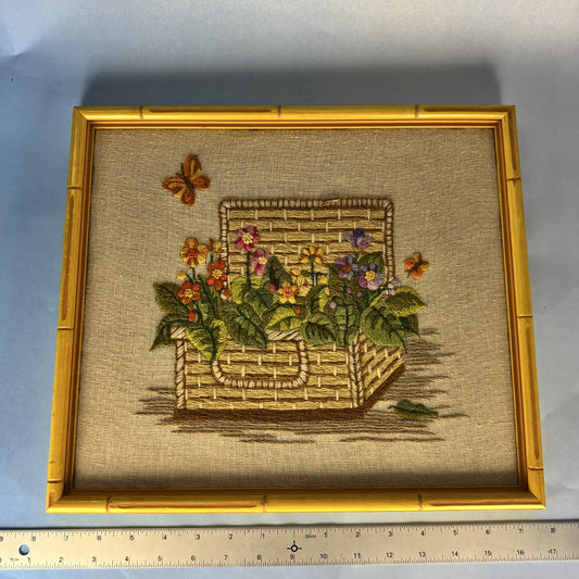 Yellow-Framed Floral Crewel-work Wall Hanging