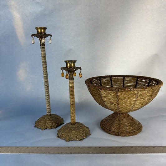 Bronze-Colored, Wire-Beaded Pedestal Bowl and Candlesticks