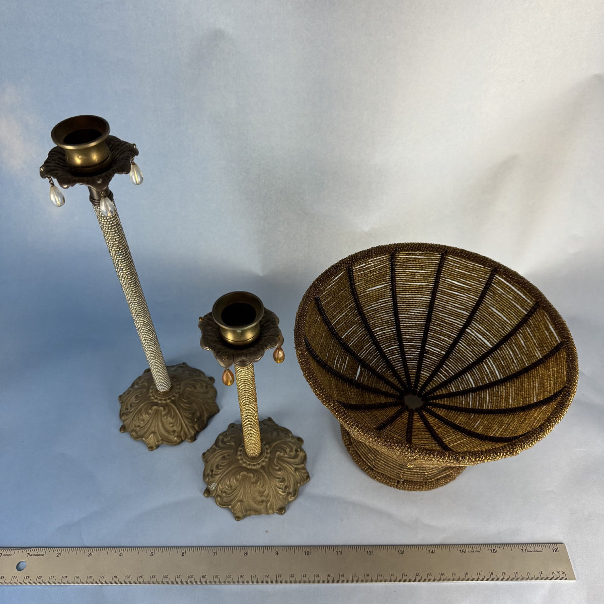 Bronze-Colored, Wire-Beaded Pedestal Bowl and Candlesticks