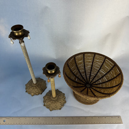 Bronze-Colored, Wire-Beaded Pedestal Bowl and Candlesticks