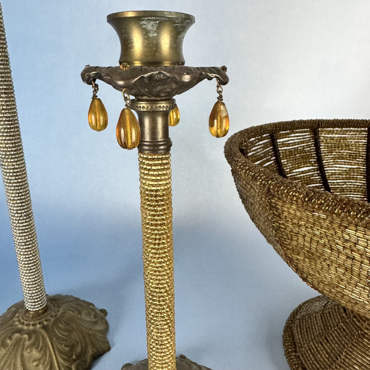 Bronze-Colored, Wire-Beaded Pedestal Bowl and Candlesticks
