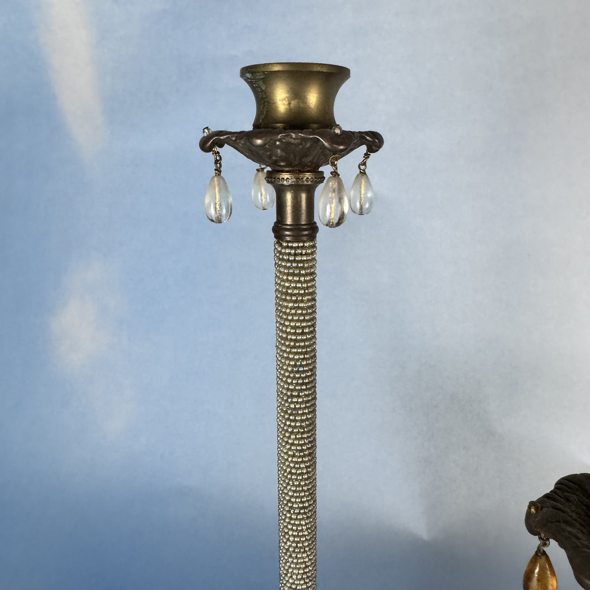 Bronze-Colored, Wire-Beaded Pedestal Bowl and Candlesticks