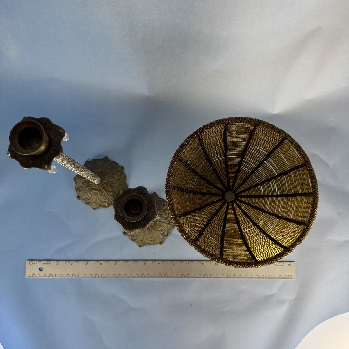 Bronze-Colored, Wire-Beaded Pedestal Bowl and Candlesticks