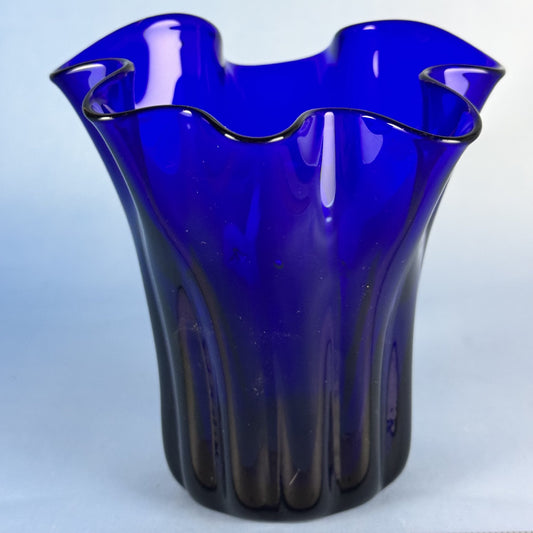 Fenton-style Cobalt Blue Art Glass Handkerchief Vase