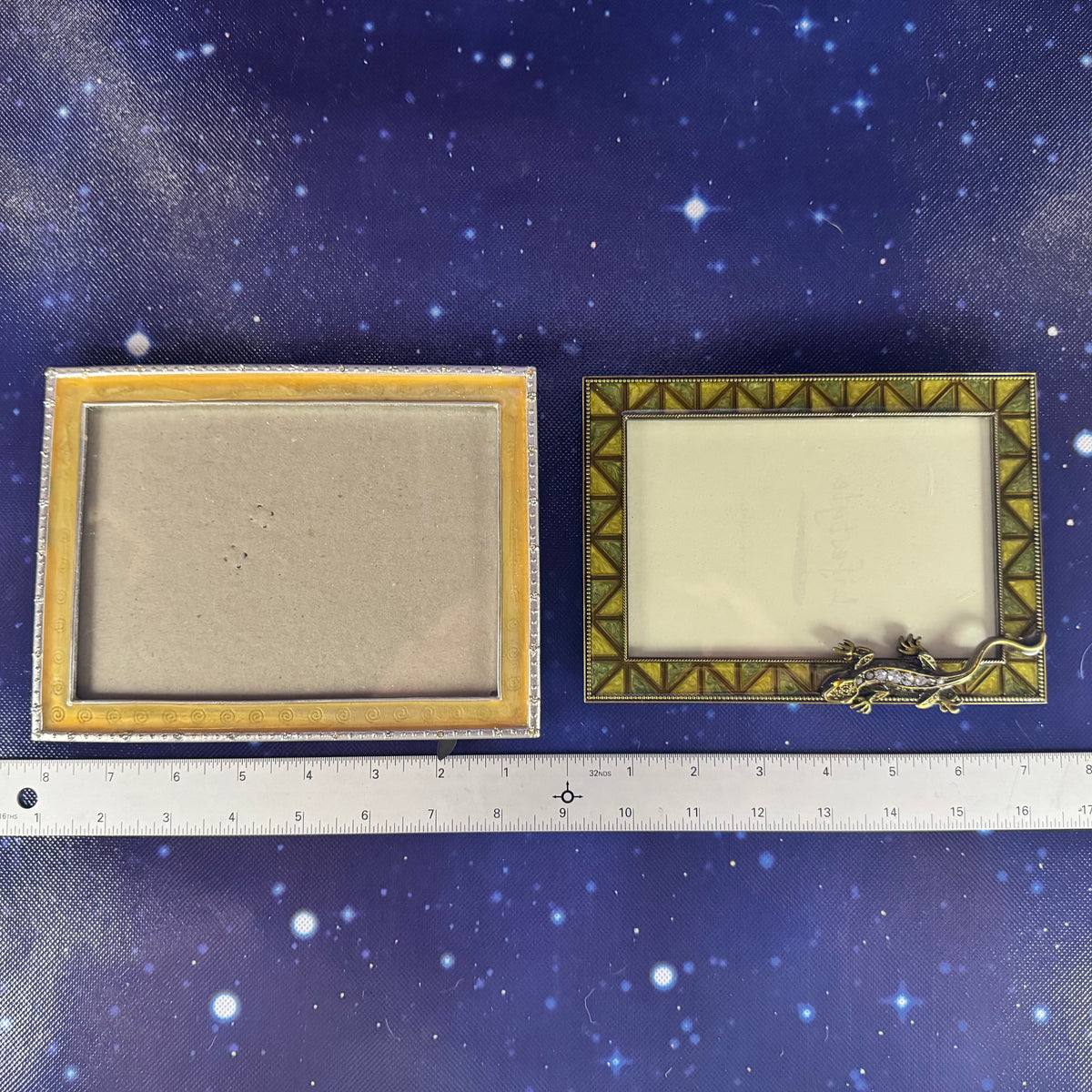 Pair of Gold and Green Enameled Metal Frames. Lizard Accent