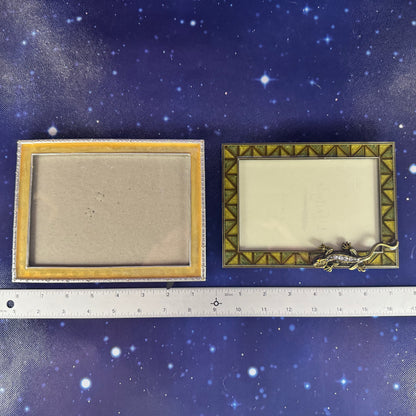 Pair of Gold and Green Enameled Metal Frames. Lizard Accent