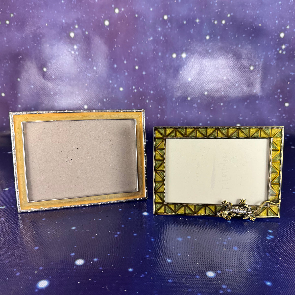 Pair of Gold and Green Enameled Metal Frames. Lizard Accent