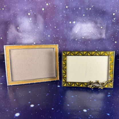 Pair of Gold and Green Enameled Metal Frames. Lizard Accent