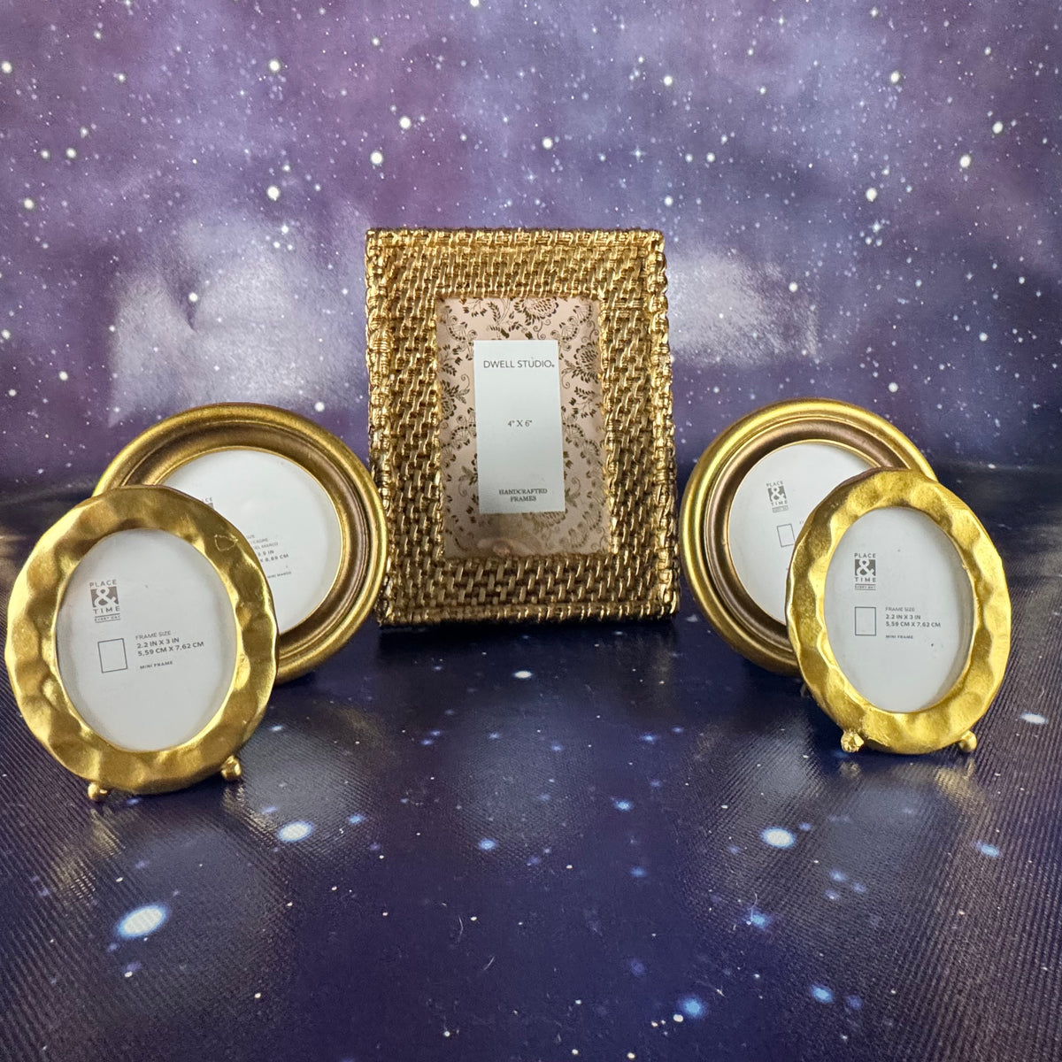 Set of Five Gold Gilt Frames: Rectangular Basket Weave Metal and Four Oval Portrait Frames