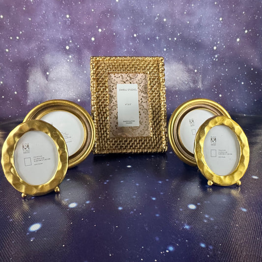 Set of Five Gold Gilt Frames: Rectangular Basket Weave Metal and Four Oval Portrait Frames