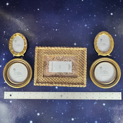 Set of Five Gold Gilt Frames: Rectangular Basket Weave Metal and Four Oval Portrait Frames