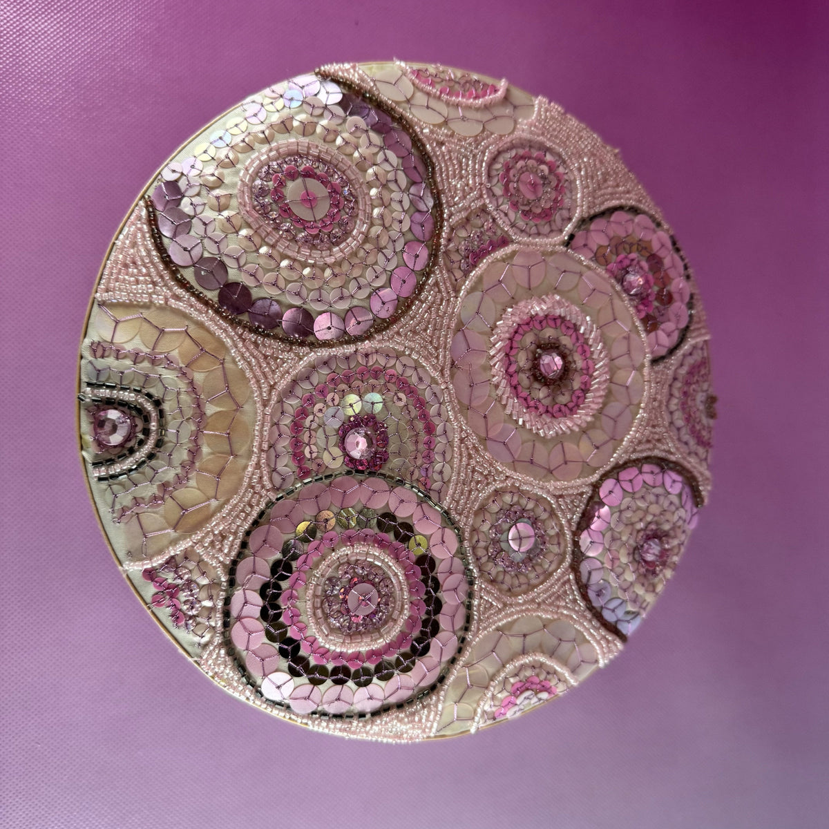 Pink Sequined Round Lidded Layered Jewelry Box