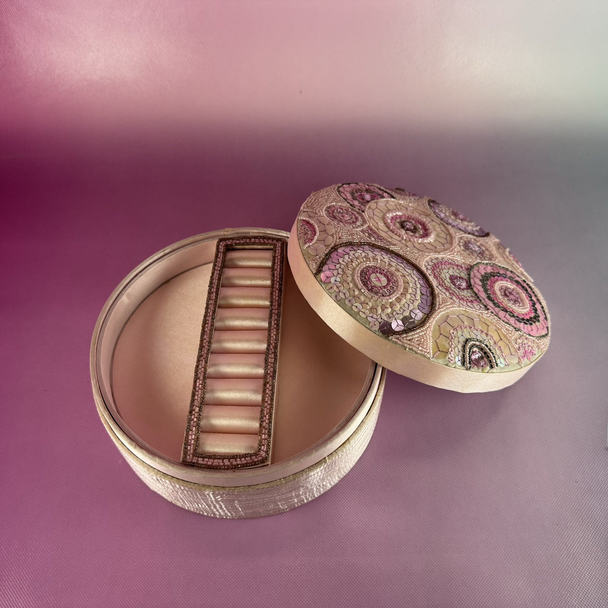 Pink Sequined Round Lidded Layered Jewelry Box