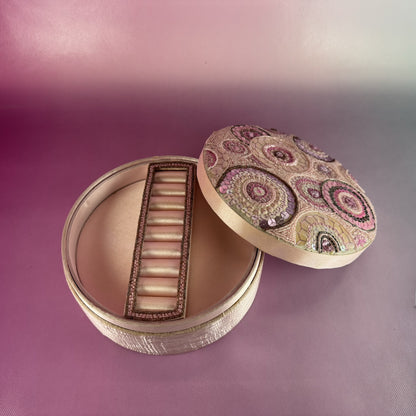 Pink Sequined Round Lidded Layered Jewelry Box