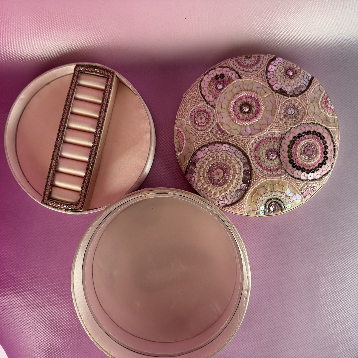 Pink Sequined Round Lidded Layered Jewelry Box