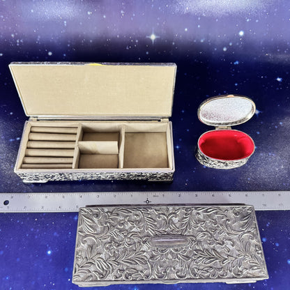Three Vintage Silver-Plated, Intricate Velvet-Lined Jewelry Boxes