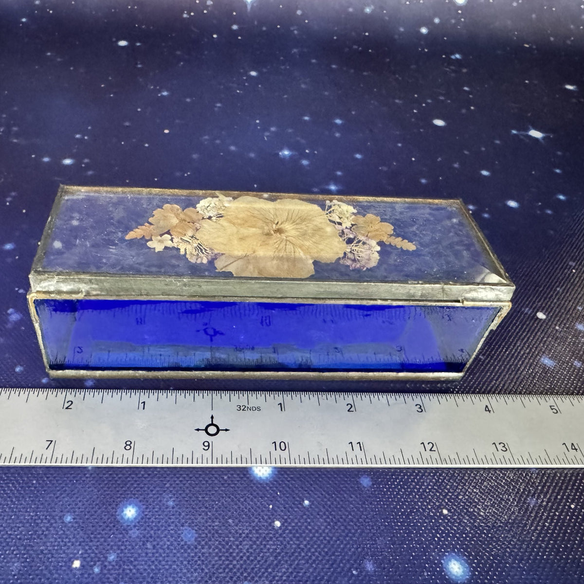 Pressed Flowers in Beveled Cobalt and Clear Glass Jewelry Box