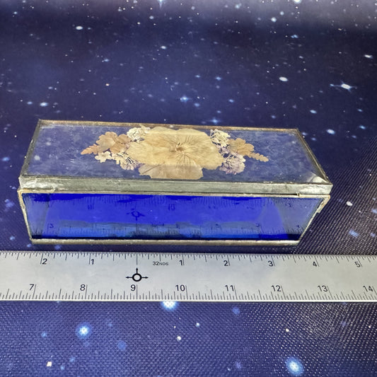 Pressed Flowers in Beveled Cobalt and Clear Glass Jewelry Box