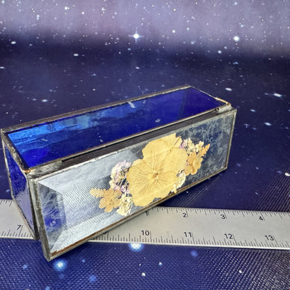 Pressed Flowers in Beveled Cobalt and Clear Glass Jewelry Box