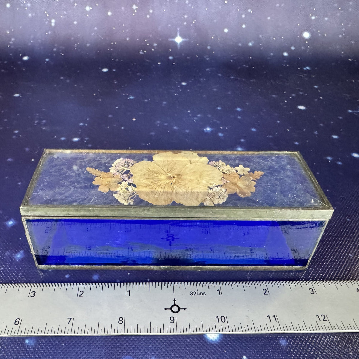 Pressed Flowers in Beveled Cobalt and Clear Glass Jewelry Box