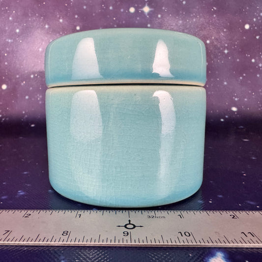 Blue Ceramic Circular Lidded Jewelry Trinket Box
