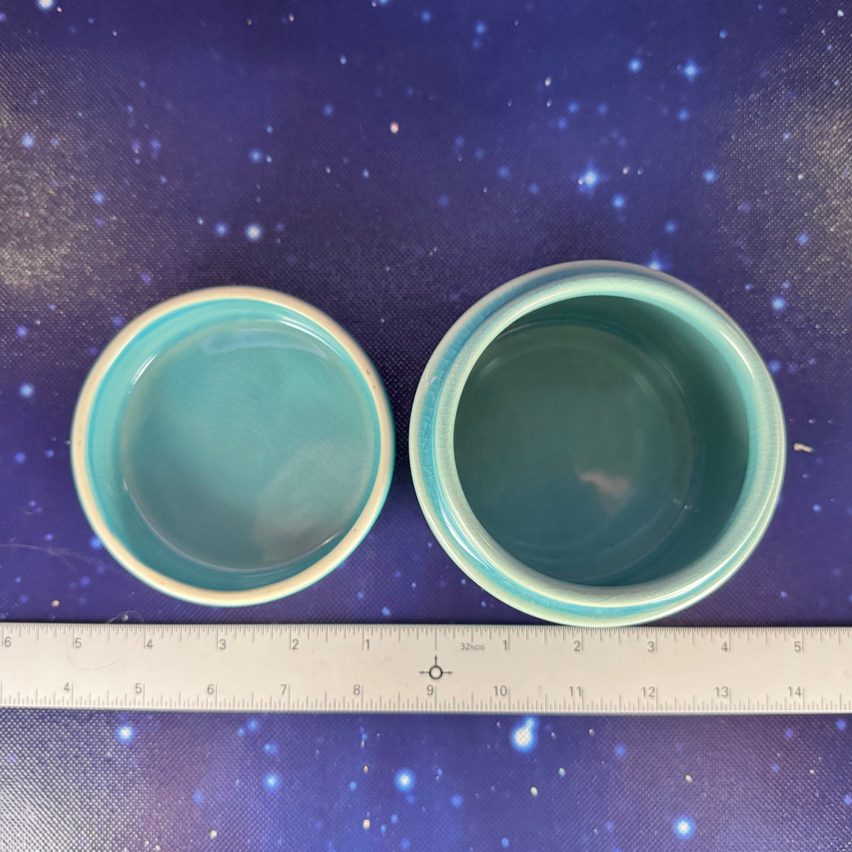 Blue Ceramic Circular Lidded Jewelry Trinket Box