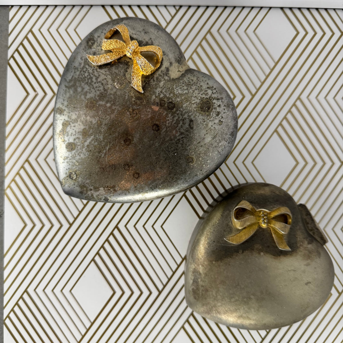 Mixed Pair of Vintage Avon Silver-Plated Heart-Shaped Boxes with Velvet Lining