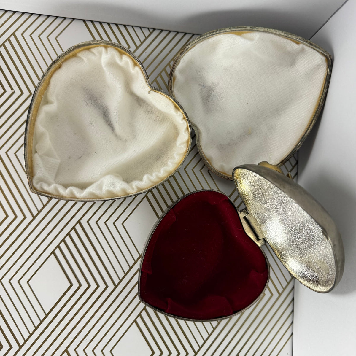 Mixed Pair of Vintage Avon Silver-Plated Heart-Shaped Boxes with Velvet Lining