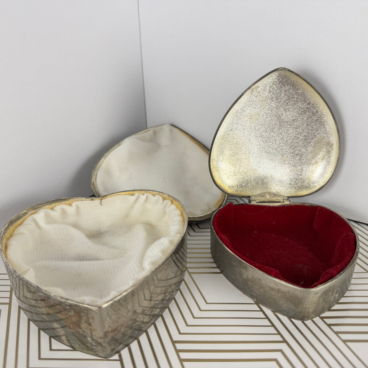 Mixed Pair of Vintage Avon Silver-Plated Heart-Shaped Boxes with Velvet Lining