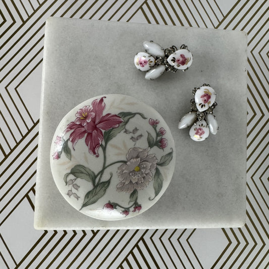 Vintage Prima Otagiri Japan Trinket Box and Costume Jewelry Bee Clip-on Earrings