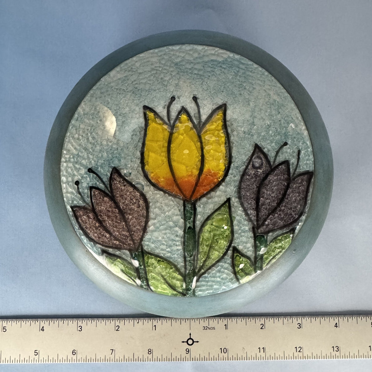 Floral Ceramic Lidded Dish with Art Glass Tulips Inlaid on Lid
