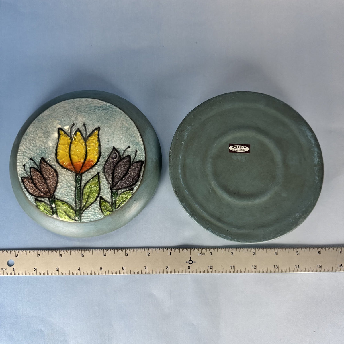 Floral Ceramic Lidded Dish with Art Glass Tulips Inlaid on Lid