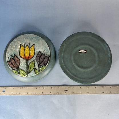Floral Ceramic Lidded Dish with Art Glass Tulips Inlaid on Lid