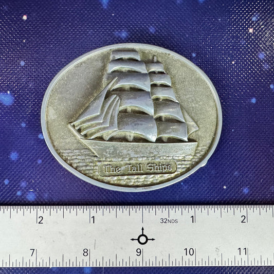 Vintage Pewter Silver-Tone Tall Ships Belt Buckle