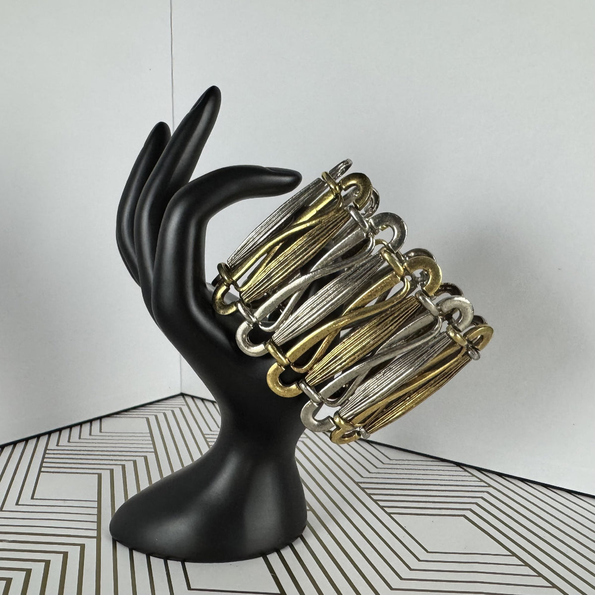 Two-tone Metal Hinged Cuff Bracelet Stylized Link Design