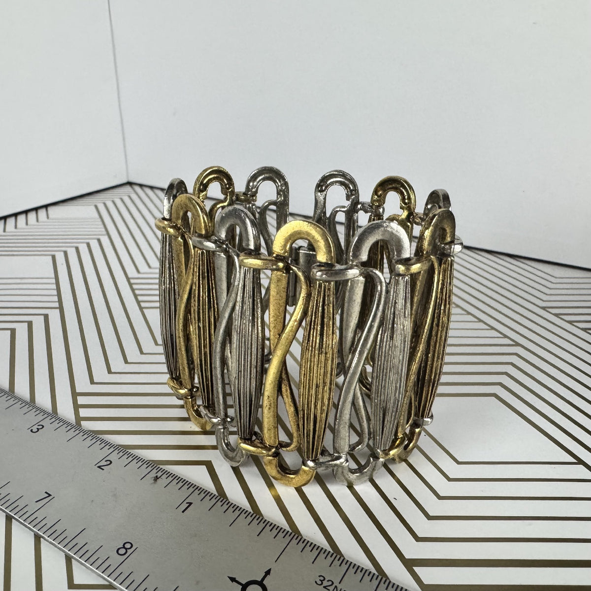 Two-tone Metal Hinged Cuff Bracelet Stylized Link Design