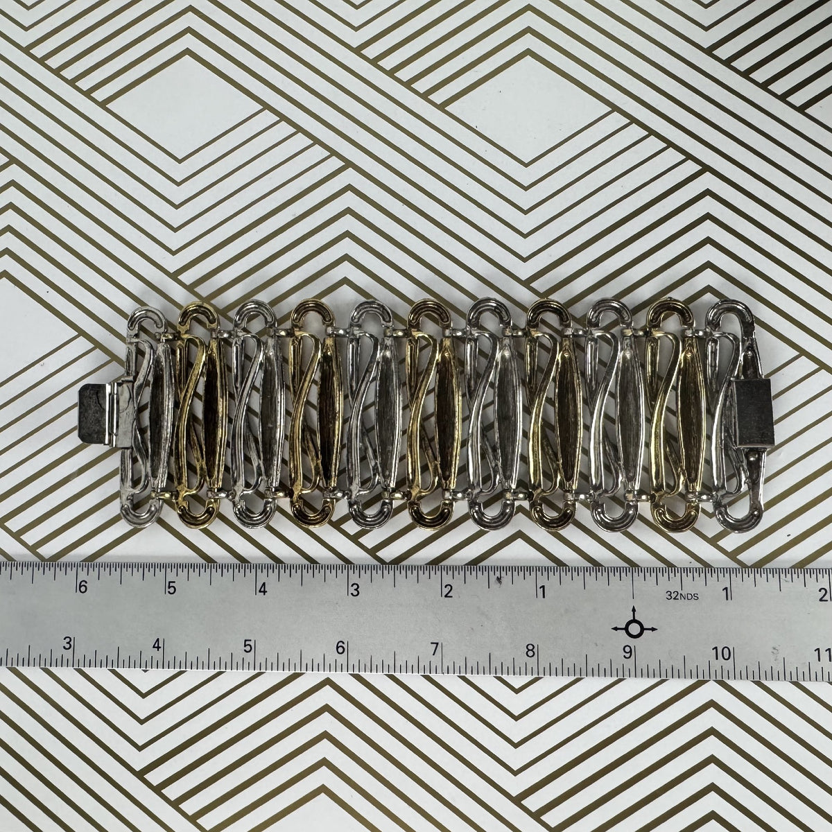 Two-tone Metal Hinged Cuff Bracelet Stylized Link Design