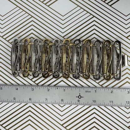 Two-tone Metal Hinged Cuff Bracelet Stylized Link Design