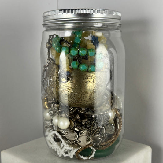 Jar of Costume Jewelry with Watches and Semi-Precious Stones