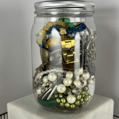 Jar of Costume Jewelry with Watches and Semi-Precious Stones